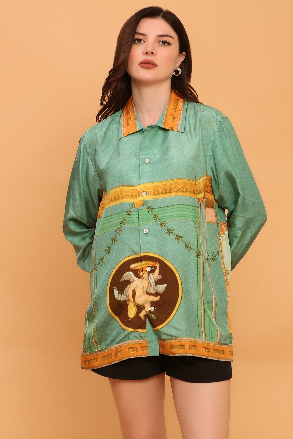 “Soft green unisex silk shirt with vintage-style print”