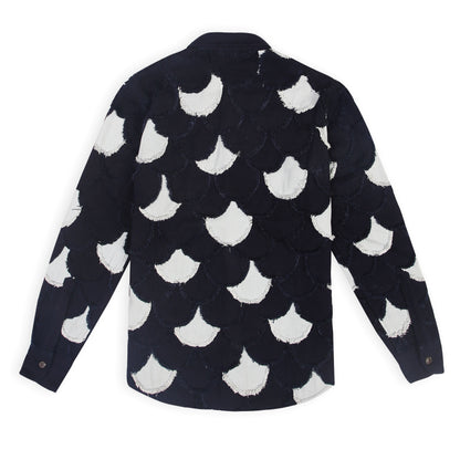 A picture of the Arden Unisex Denim Jacket with eyelash fringe from the front. It reads, 
"Unisex denim jacket with patchwork design and handmade eyelash fringe" and "Arden 
denim jacket in light blue and navy with fringe details."