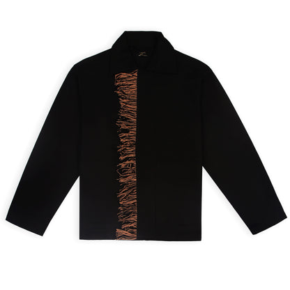 A black denim jacket with embroidered cat design on the back and wool fringes along the placket.