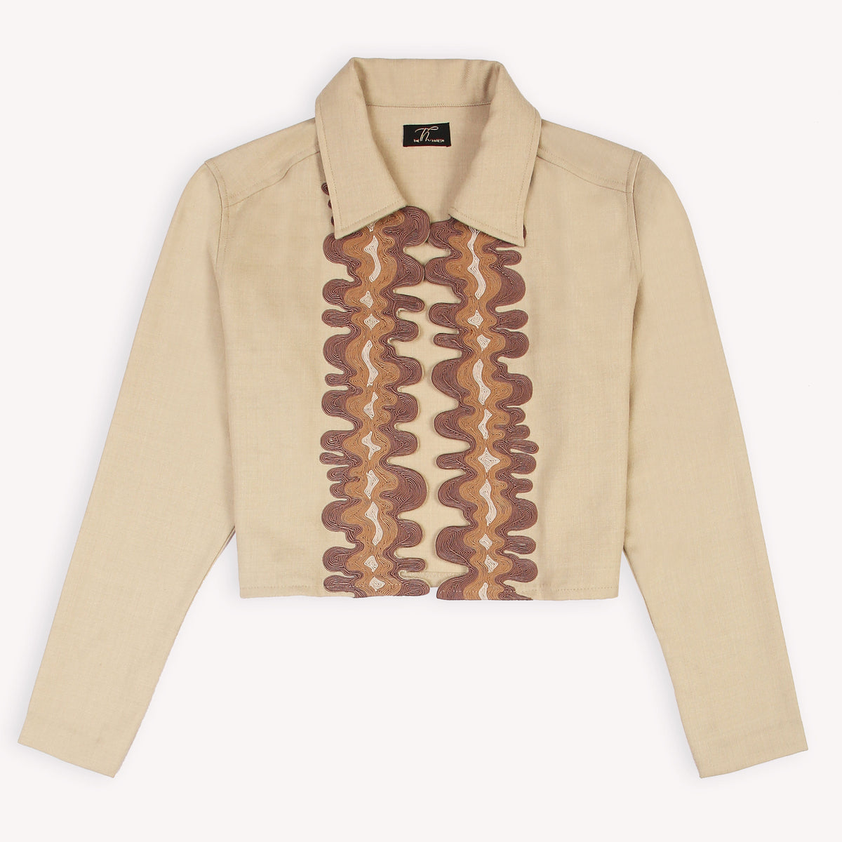 A beige woollen open crop jacket with intricate cording embroidery on the front, displayed on a plain background.