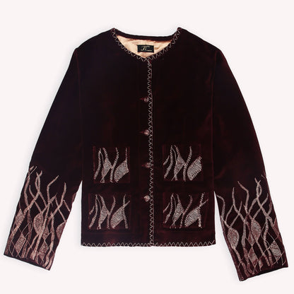 A burgundy women's suede jacket with gold zari embroidery and a front button closure, displayed on a white background.