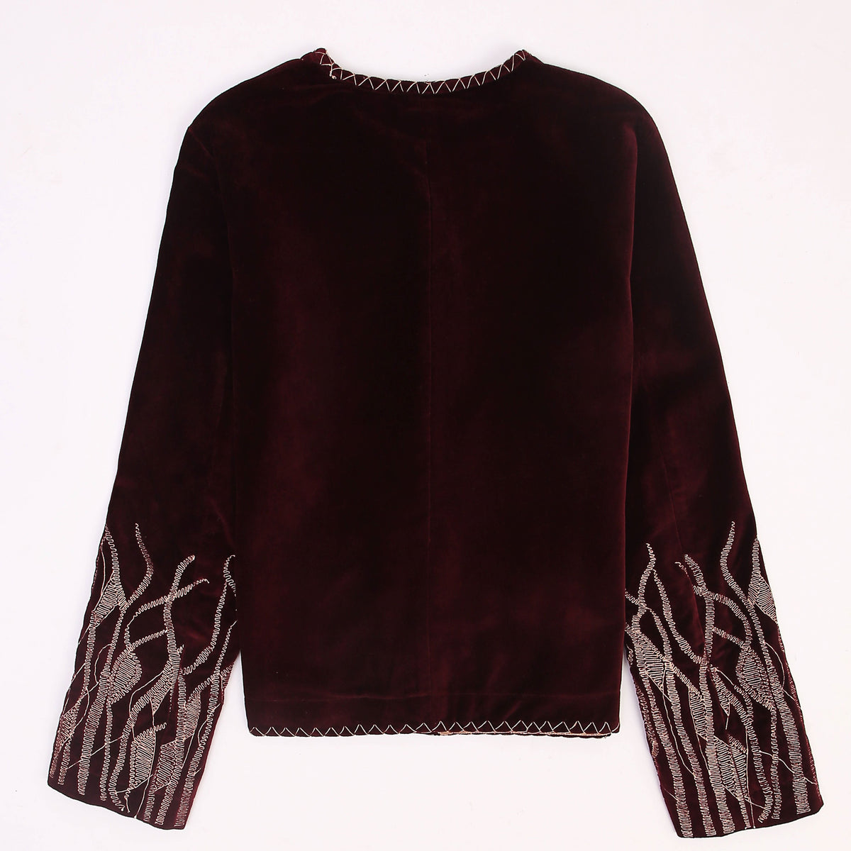“Kiara women’s embroidered suede jacket with zari work in burgundy” 
"Women Burgundy Suede Jacket with Zari Work Detailed and Hand Stitched"