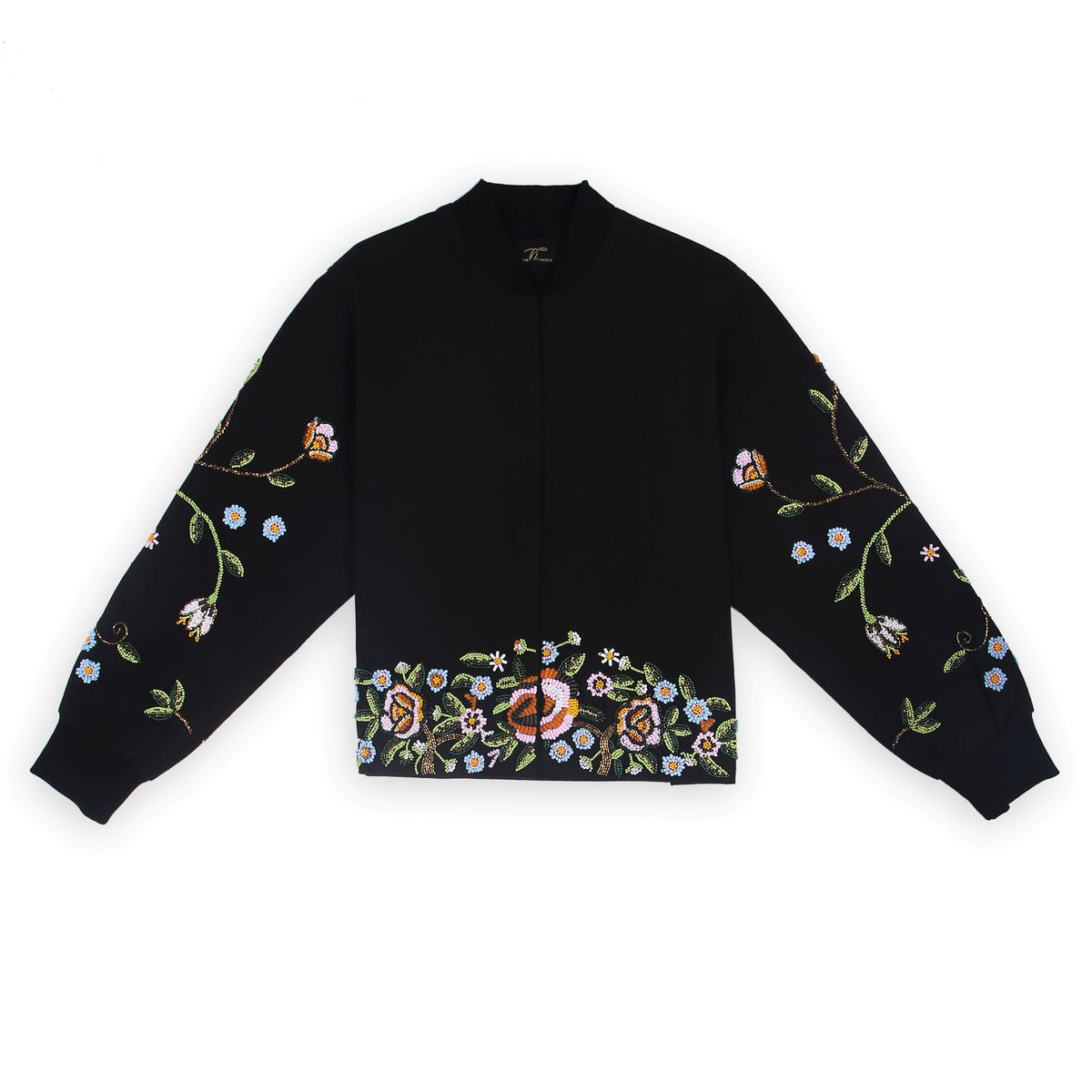 Front view of the beaded Charlie Denim Unisex Jacket Some examples of alt text are “Black 
denim jacket (unisex) has beaded embellishments on sleeves” and “Charlie denim jacket in black 
with intricate bead detailing.”