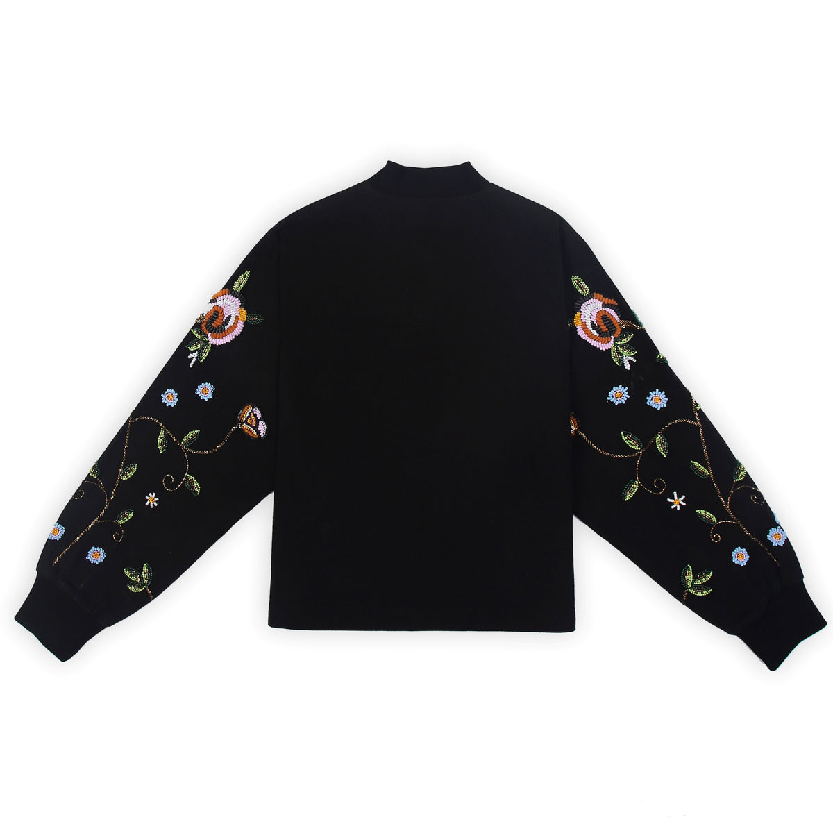 Front view of the beaded Charlie Denim Unisex Jacket Some examples of alt text are “Black 
denim jacket (unisex) has beaded embellishments on sleeves” and “Charlie denim jacket in black 
with intricate bead detailing.”