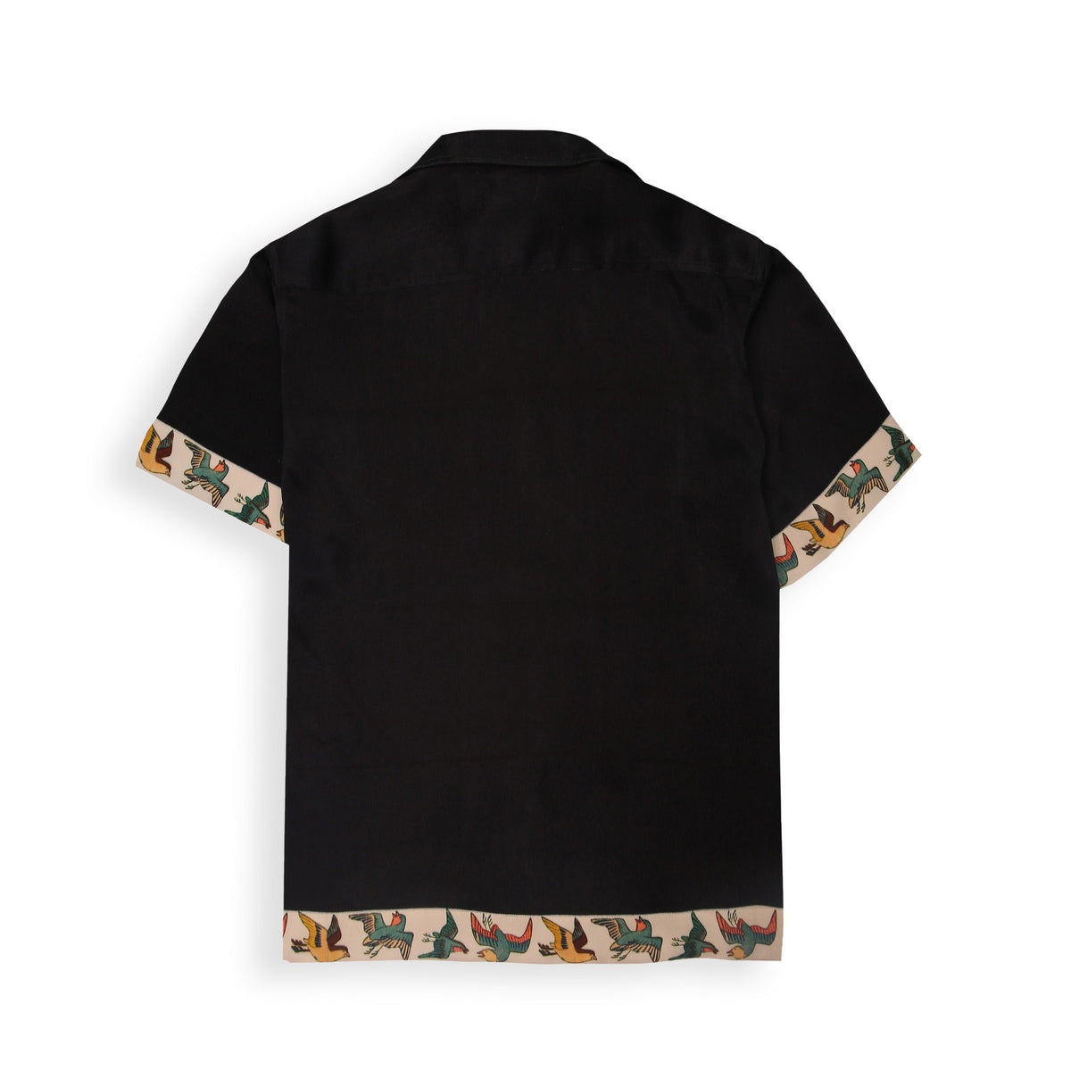 A black shirt with a vibrant bird of paradise pattern on the collar