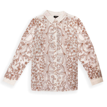 A beige long-sleeved shirt with intricate brown floral embroidery on the sleeves.