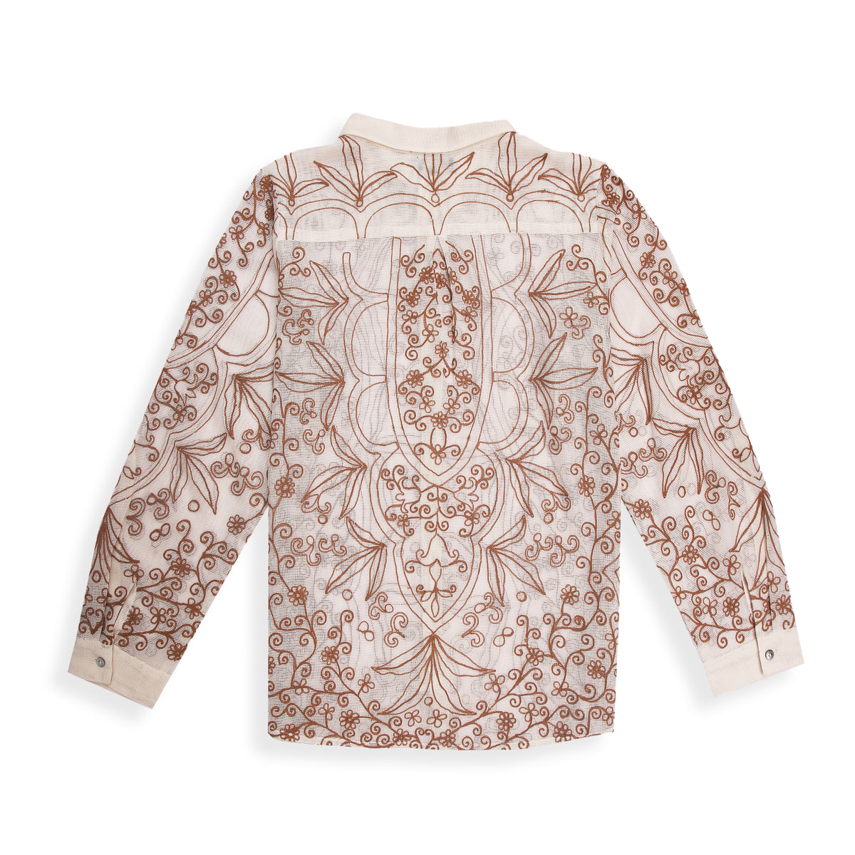 A beige long-sleeved shirt with intricate brown floral embroidery