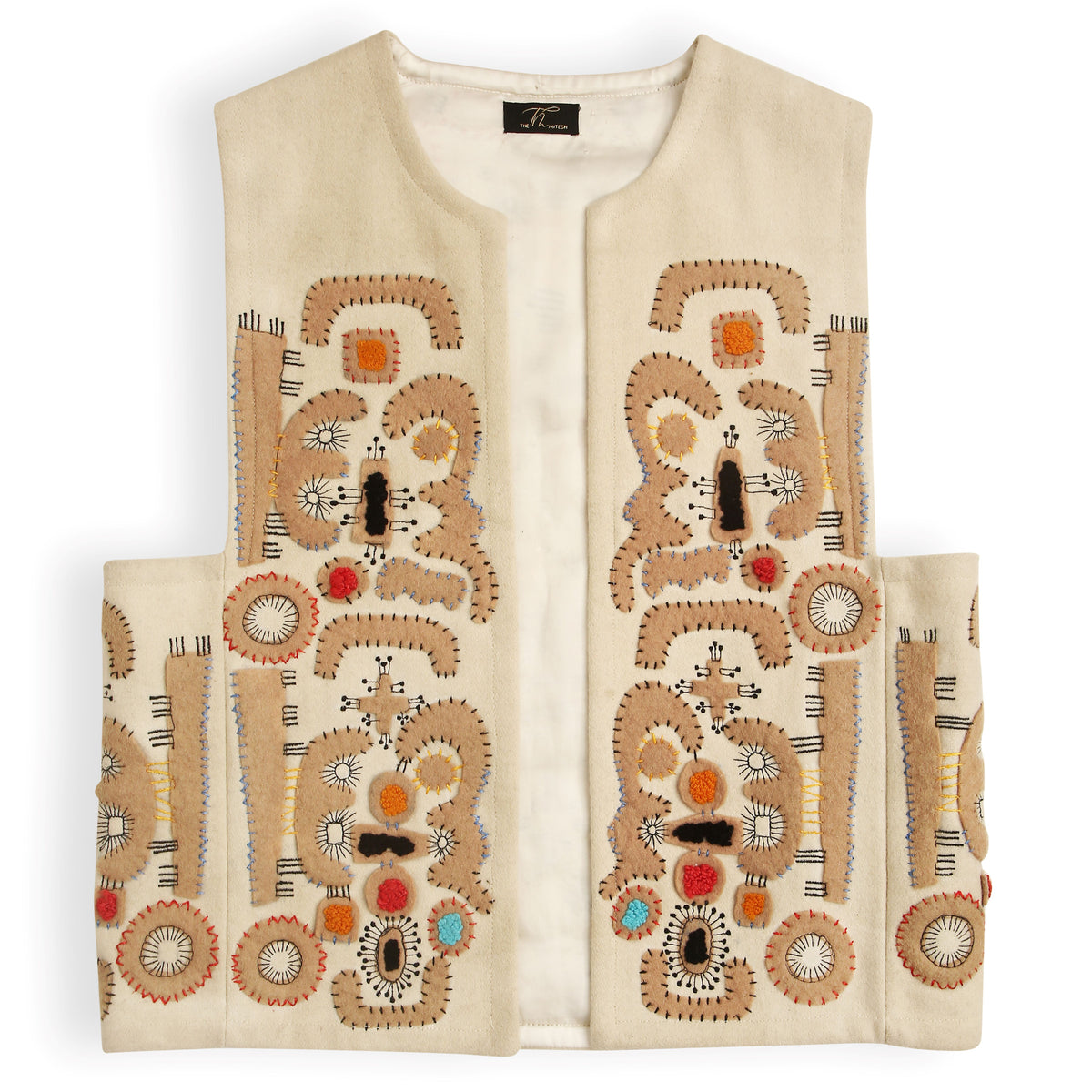 Hand embroidered and applique work Jordan unisex vest in beige & camel