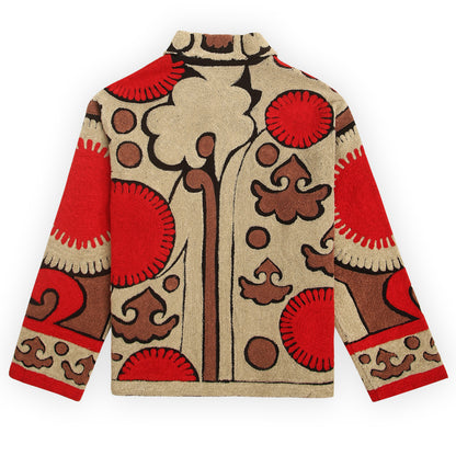 “Geo cut with elbow patches in suedette to make this a durable stylish unisex coat jacket 3D 
embroidery raised multicolour