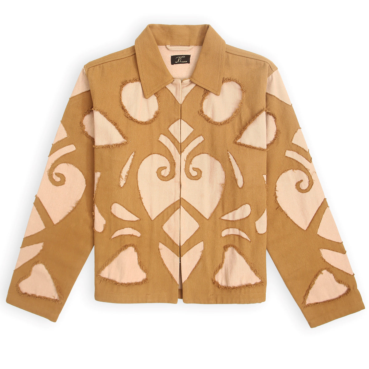 A beige unisex jacket with intricate cutwork patterns on the front, featuring a pointed collar and front hook closures.