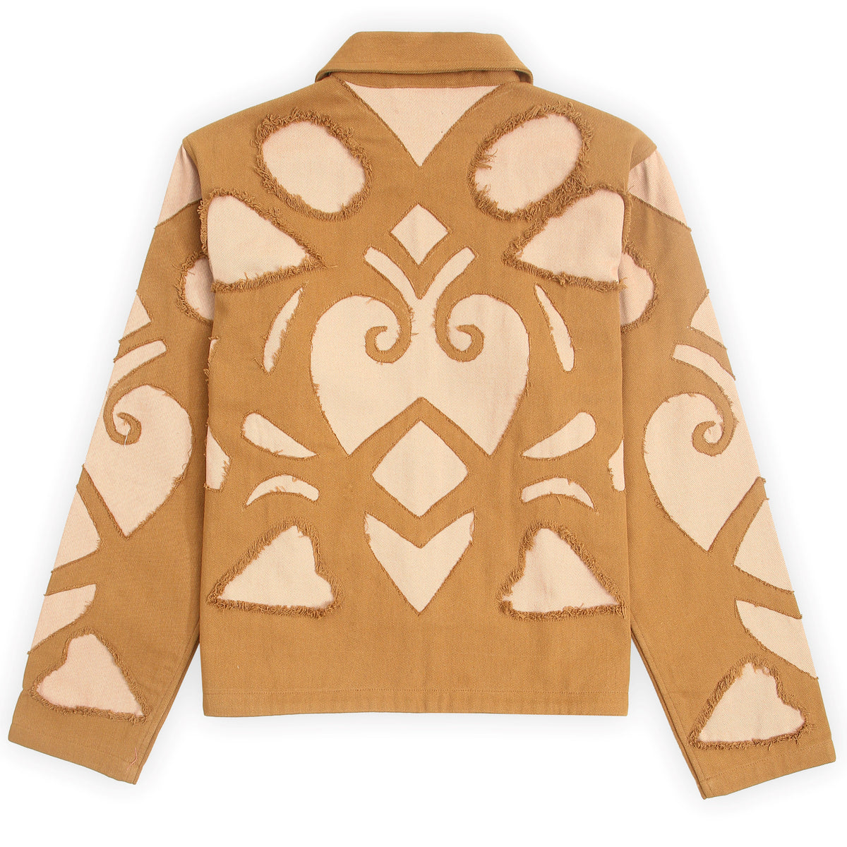 The most important thing is a front view of the Alex Coach Unisex Jacket with hand-cut details. 
It is a "Unisex camel-colored cotton denim jacket with manual hand cutwork" and "Handmade 
denim jacket for men and women with unique cutwork design." 
