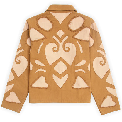 The most important thing is a front view of the Alex Coach Unisex Jacket with hand-cut details. 
It is a "Unisex camel-colored cotton denim jacket with manual hand cutwork" and "Handmade 
denim jacket for men and women with unique cutwork design." 