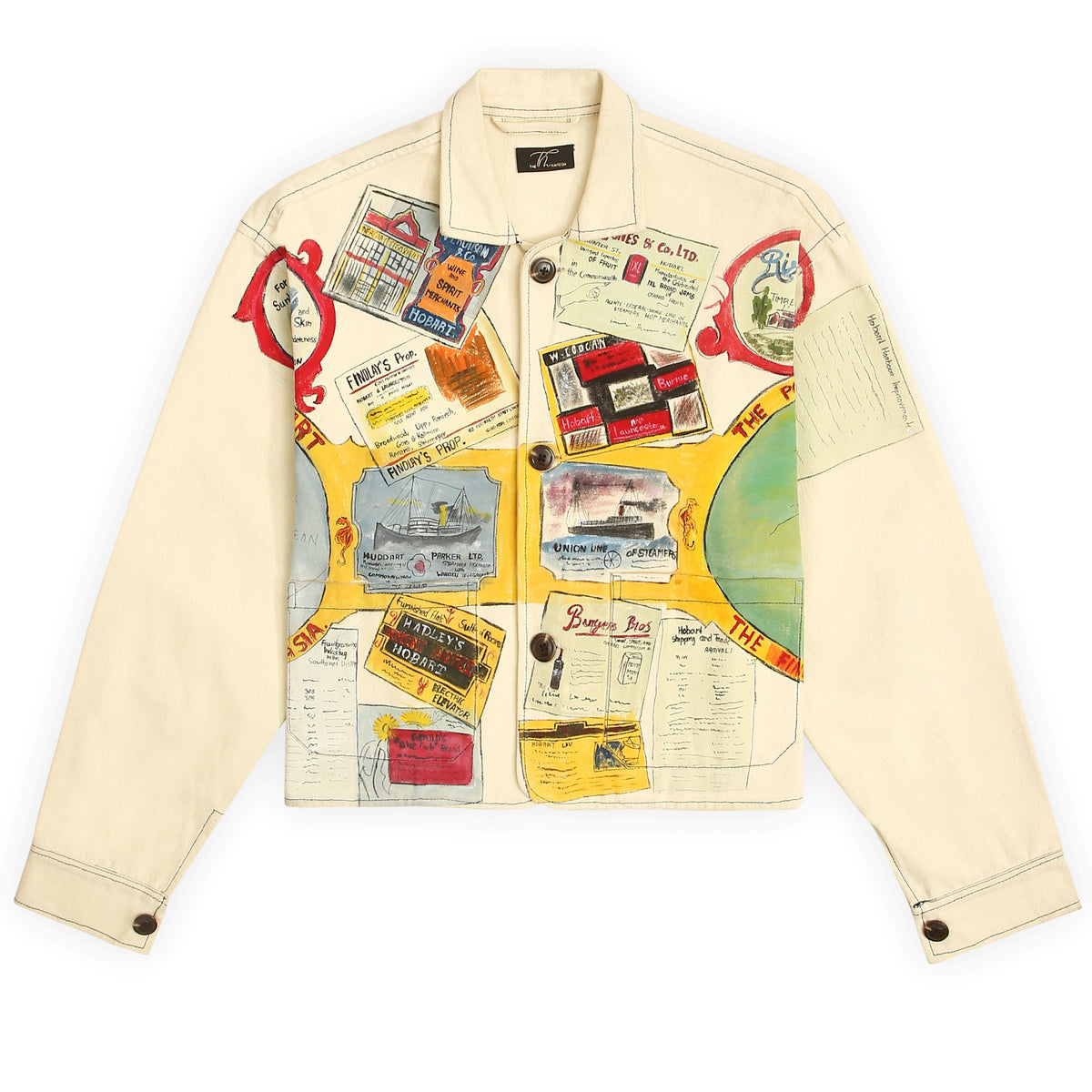 A beige unisex hand-painted shacket with vintage map and explorer-themed designs, featuring front patch pockets.