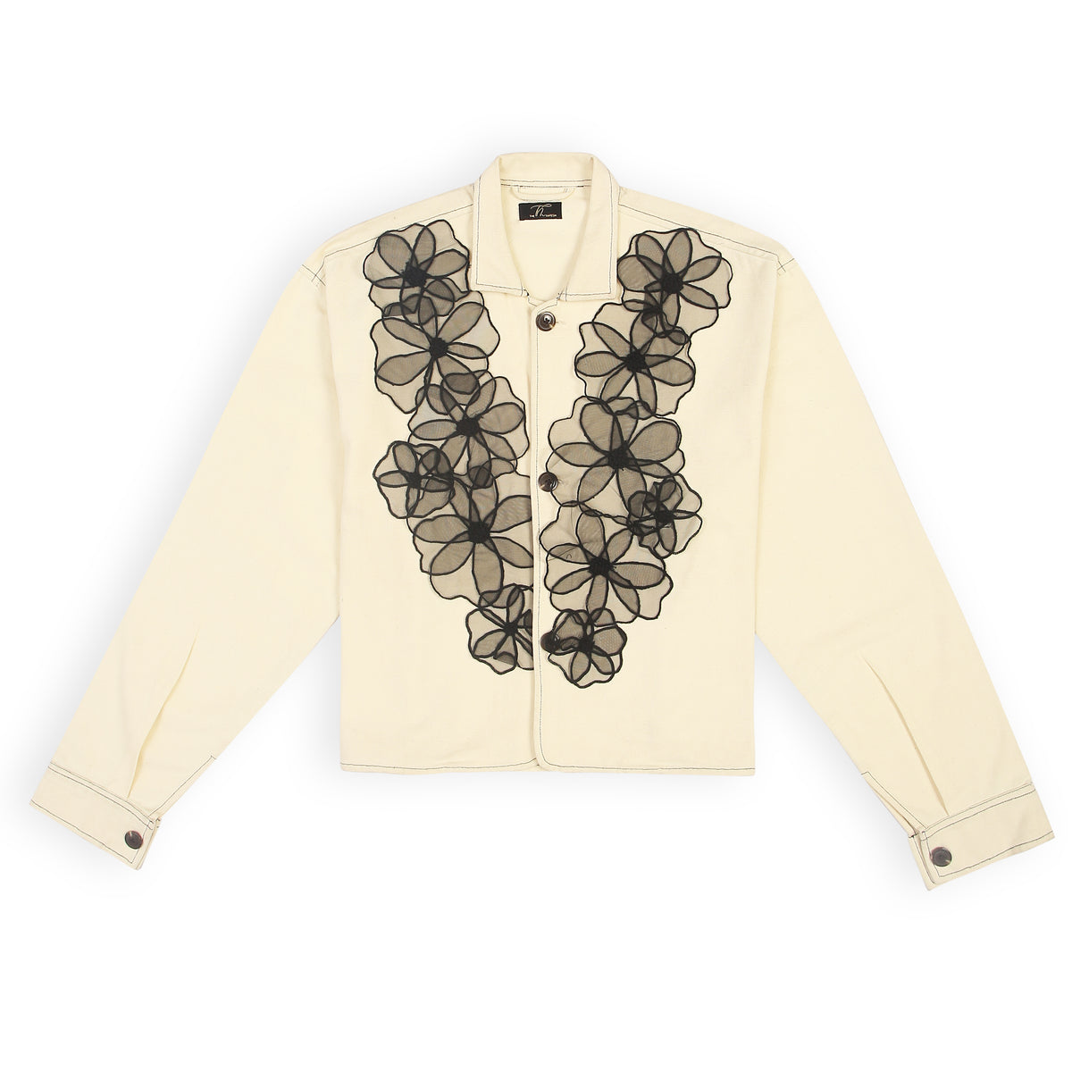 “Beige Elara women’s cotton shacket in petal applique design” 
“Petal appliqué work beige cotton woman’s jacket” 