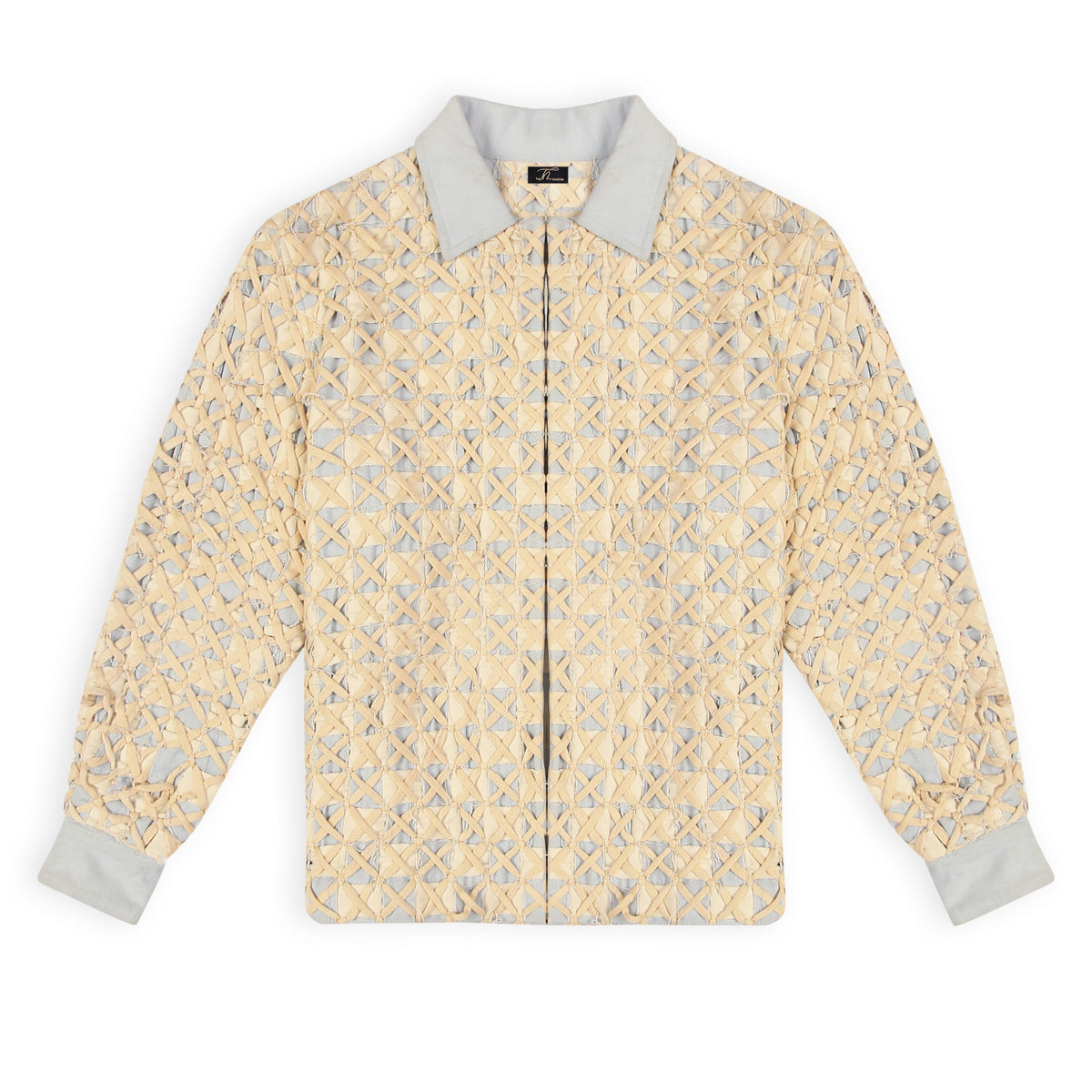 A beige and blue denim twill coach jacket with hand weaving technique and front hook closures, featuring a geometric pattern.