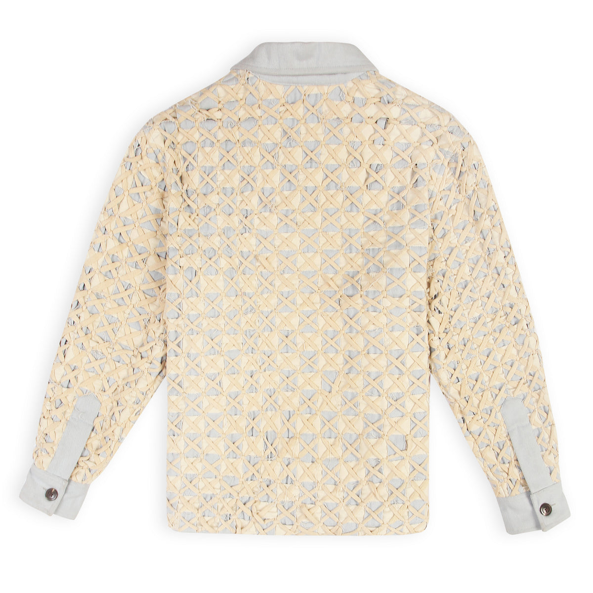 “Hand weaving detailing beige cotton denim Hunter jacket” 
“Beige unisex cotton denim coach jacket with hand woven design”
