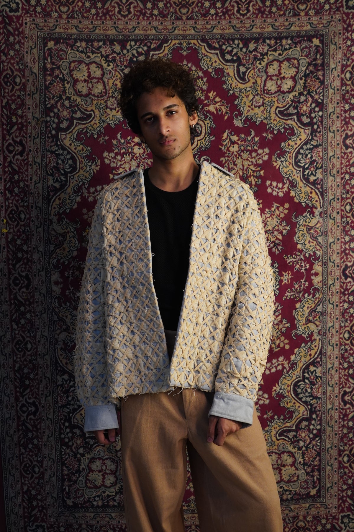 “Hand weaving detailing beige cotton denim Hunter jacket” 
“Beige unisex cotton denim coach jacket with hand woven design”