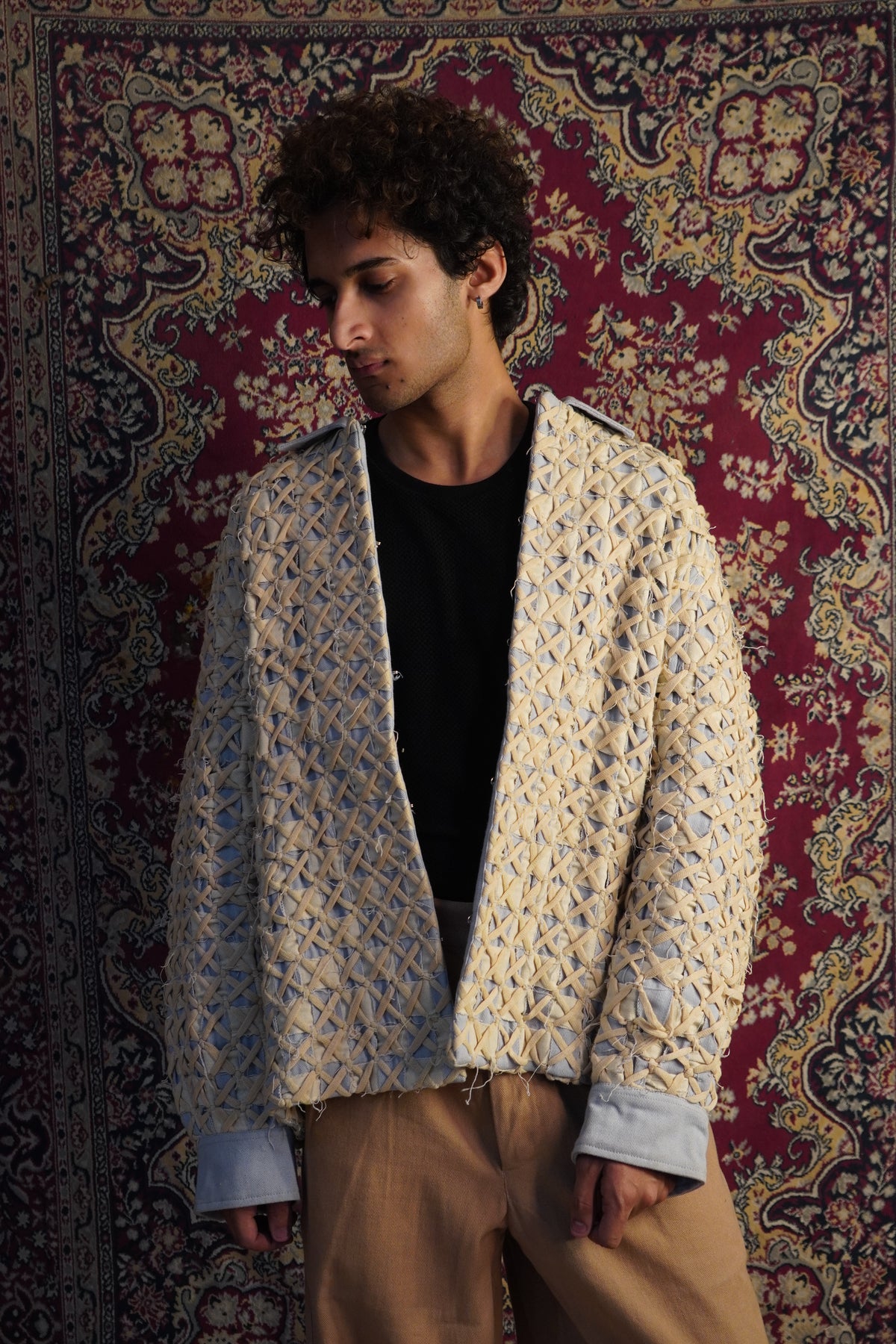 “Hand weaving detailing beige cotton denim Hunter jacket” 
“Beige unisex cotton denim coach jacket with hand woven design”