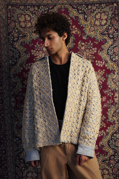 “Hand weaving detailing beige cotton denim Hunter jacket” 
“Beige unisex cotton denim coach jacket with hand woven design”