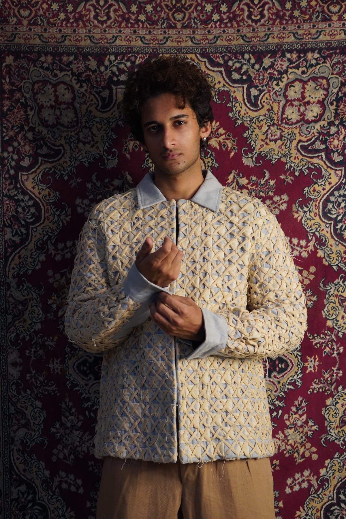 “Hand weaving detailing beige cotton denim Hunter jacket” 
“Beige unisex cotton denim coach jacket with hand woven design”