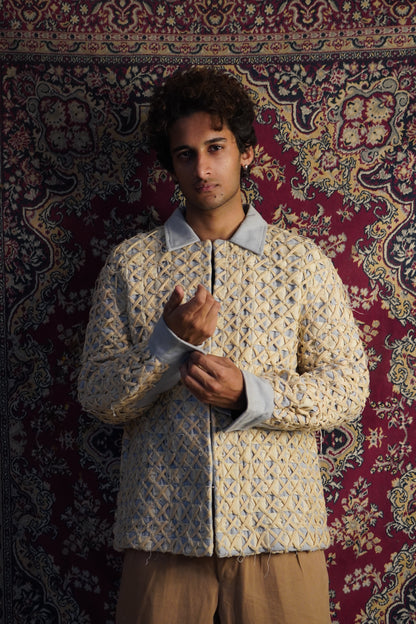 “Hand weaving detailing beige cotton denim Hunter jacket” 
“Beige unisex cotton denim coach jacket with hand woven design”