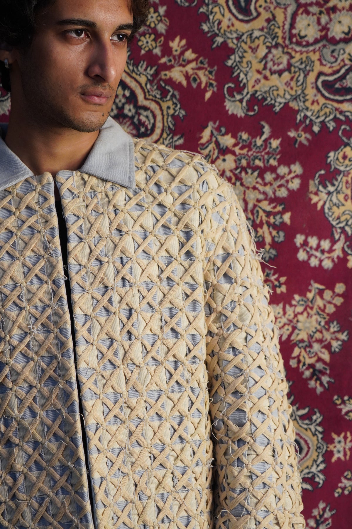 “Hand weaving detailing beige cotton denim Hunter jacket” 
“Beige unisex cotton denim coach jacket with hand woven design”