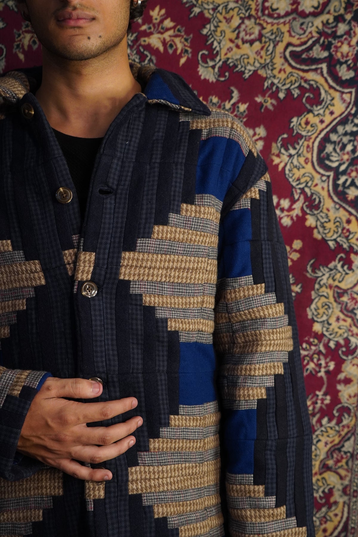 Multicolor wool blended fabric unisex patchwork shirt jacket 
“Jack unisex multicolor wool blend jacket with all-over patchwork”