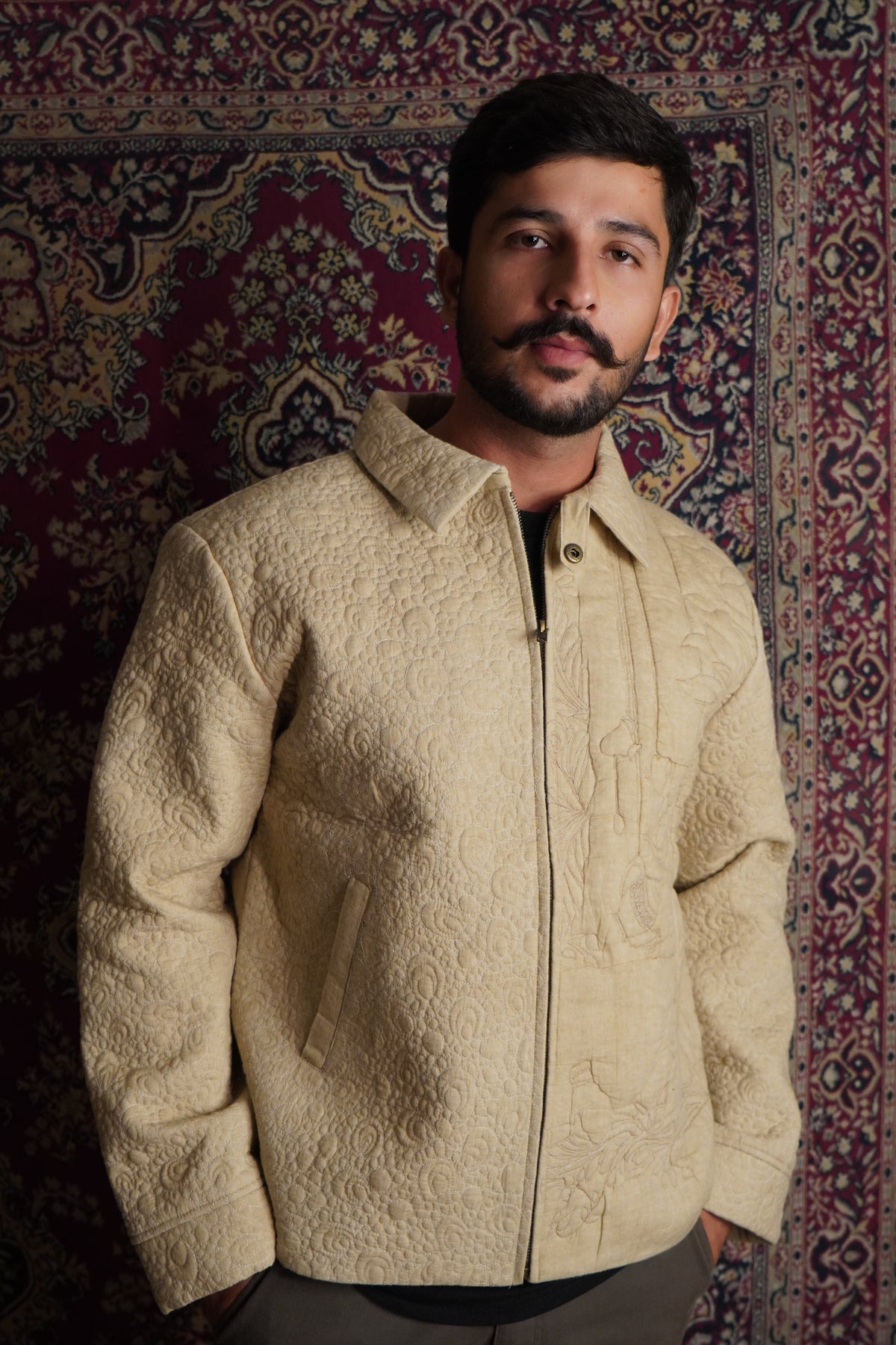 Main: Image of the Drew Unisex Coach 3D Embroidery Jacket in beige, front view Alt texts that 
are accompanied with images like “beige drew coach jacket 3d embroidery design” and “unisex 
beige cotton quilted jacket 3d embroidery” 