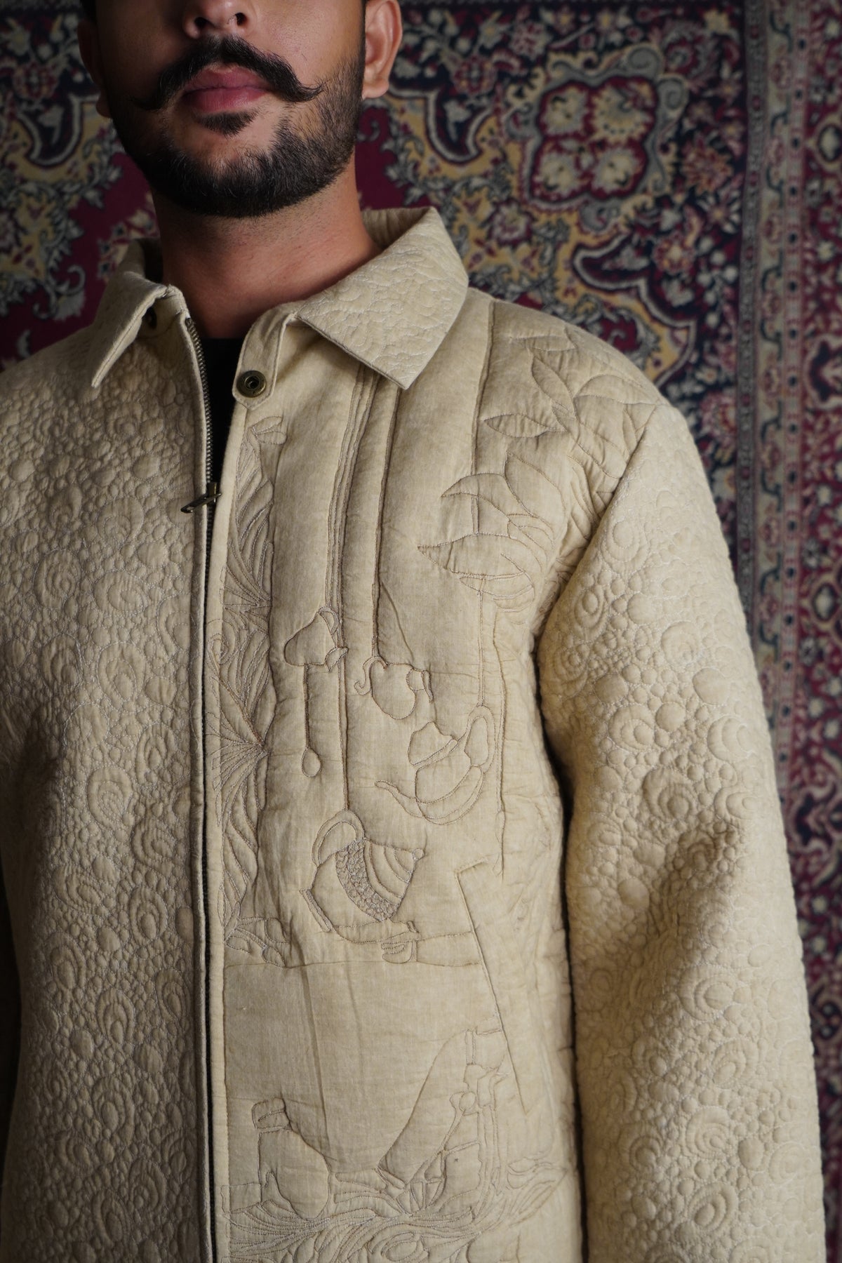 Main: Image of the Drew Unisex Coach 3D Embroidery Jacket in beige, front view Alt texts that 
are accompanied with images like “beige drew coach jacket 3d embroidery design” and “unisex 
beige cotton quilted jacket 3d embroidery” 