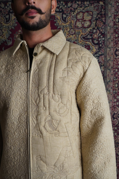 Main: Image of the Drew Unisex Coach 3D Embroidery Jacket in beige, front view Alt texts that 
are accompanied with images like “beige drew coach jacket 3d embroidery design” and “unisex 
beige cotton quilted jacket 3d embroidery” 