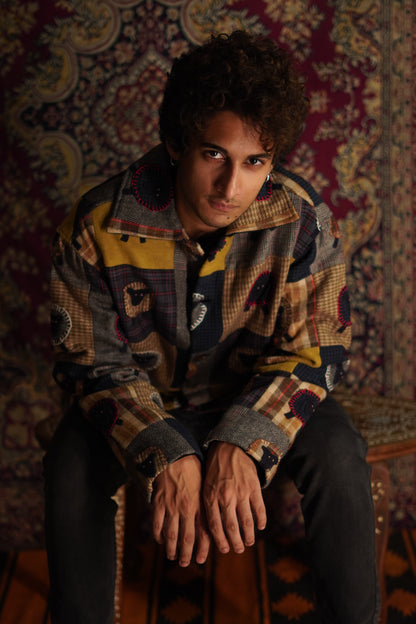 “Marco unisex patchwork also shirt jacket multi with applicate detailing 
“Wool blend appliqué and patchwork jacket for men and women” 