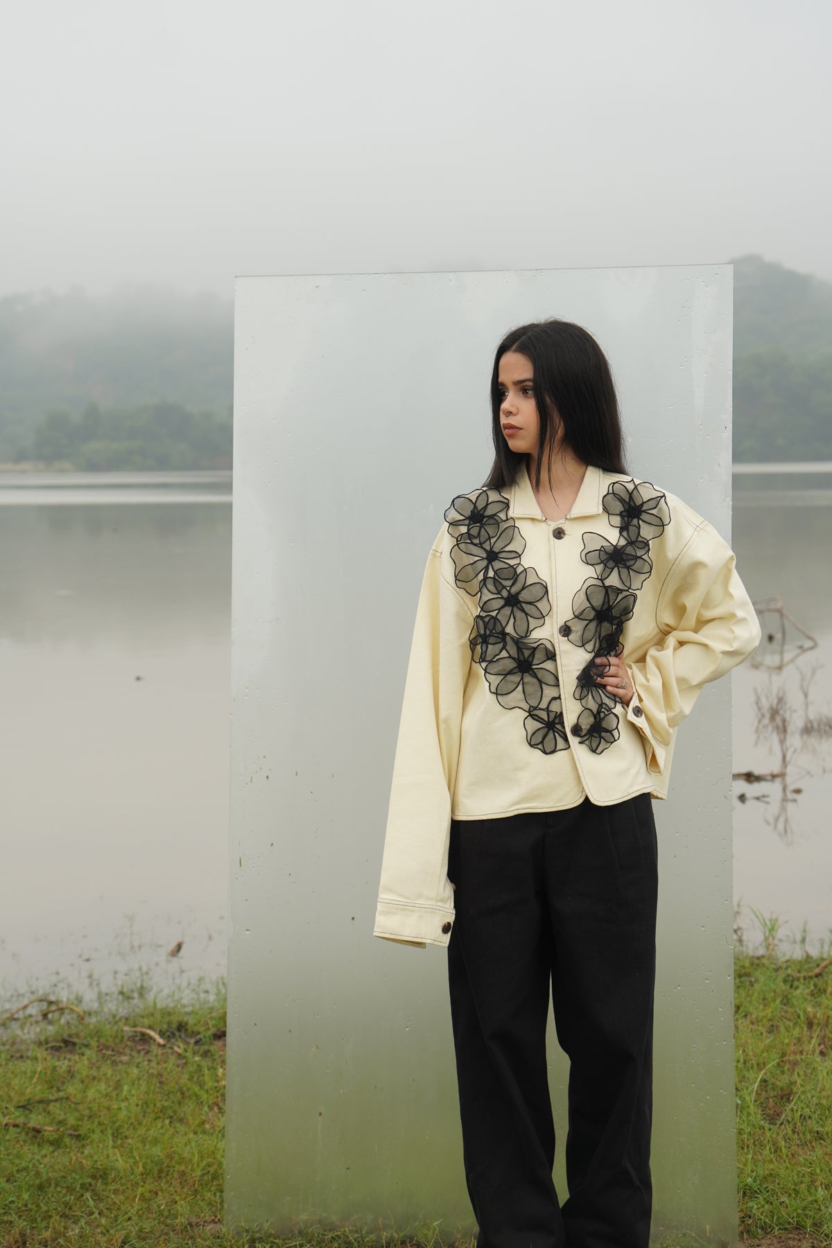 “Beige Elara women’s cotton shacket in petal applique design” 
“Petal appliqué work beige cotton woman’s jacket” 