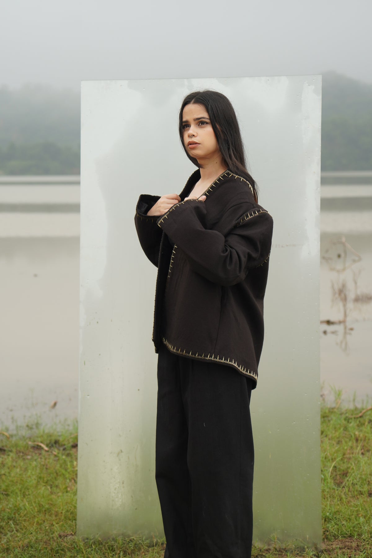 Brown beaded wool jacket, Olivia women with Bungle Beadwork details 
Brown womens beaded wool jacket — very stylish, some bead embroidery