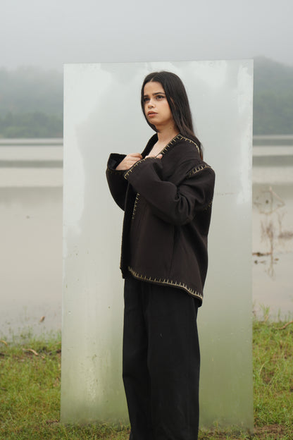 Brown beaded wool jacket, Olivia women with Bungle Beadwork details 
Brown womens beaded wool jacket — very stylish, some bead embroidery
