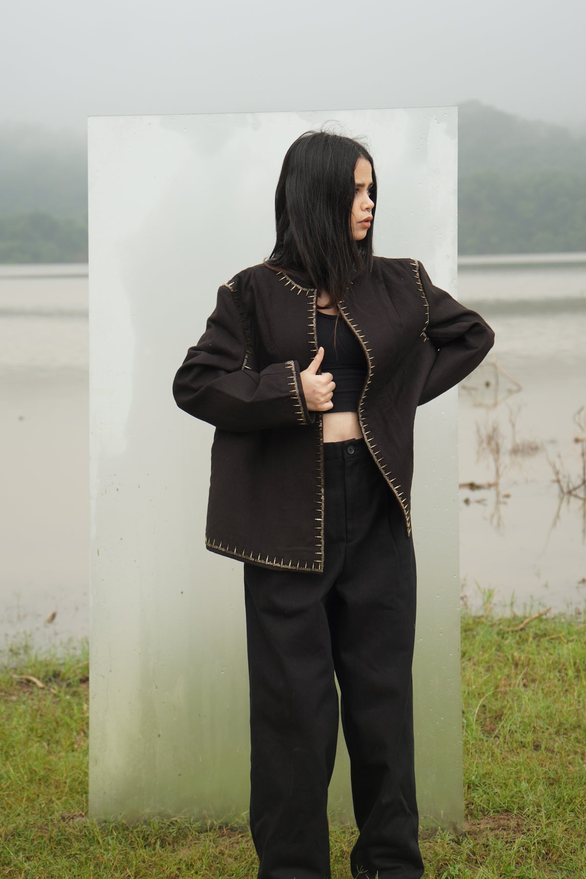 Brown beaded wool jacket, Olivia women with Bungle Beadwork details 
Brown womens beaded wool jacket — very stylish, some bead embroidery