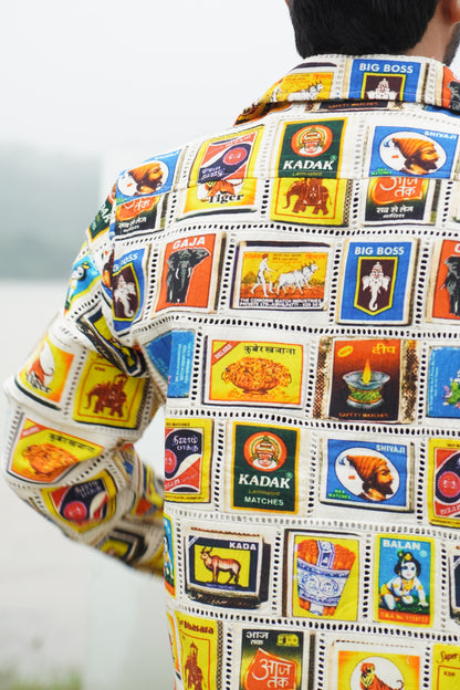 “Men’s colorful matchbox patchwork design collage cotton denim shacket” 