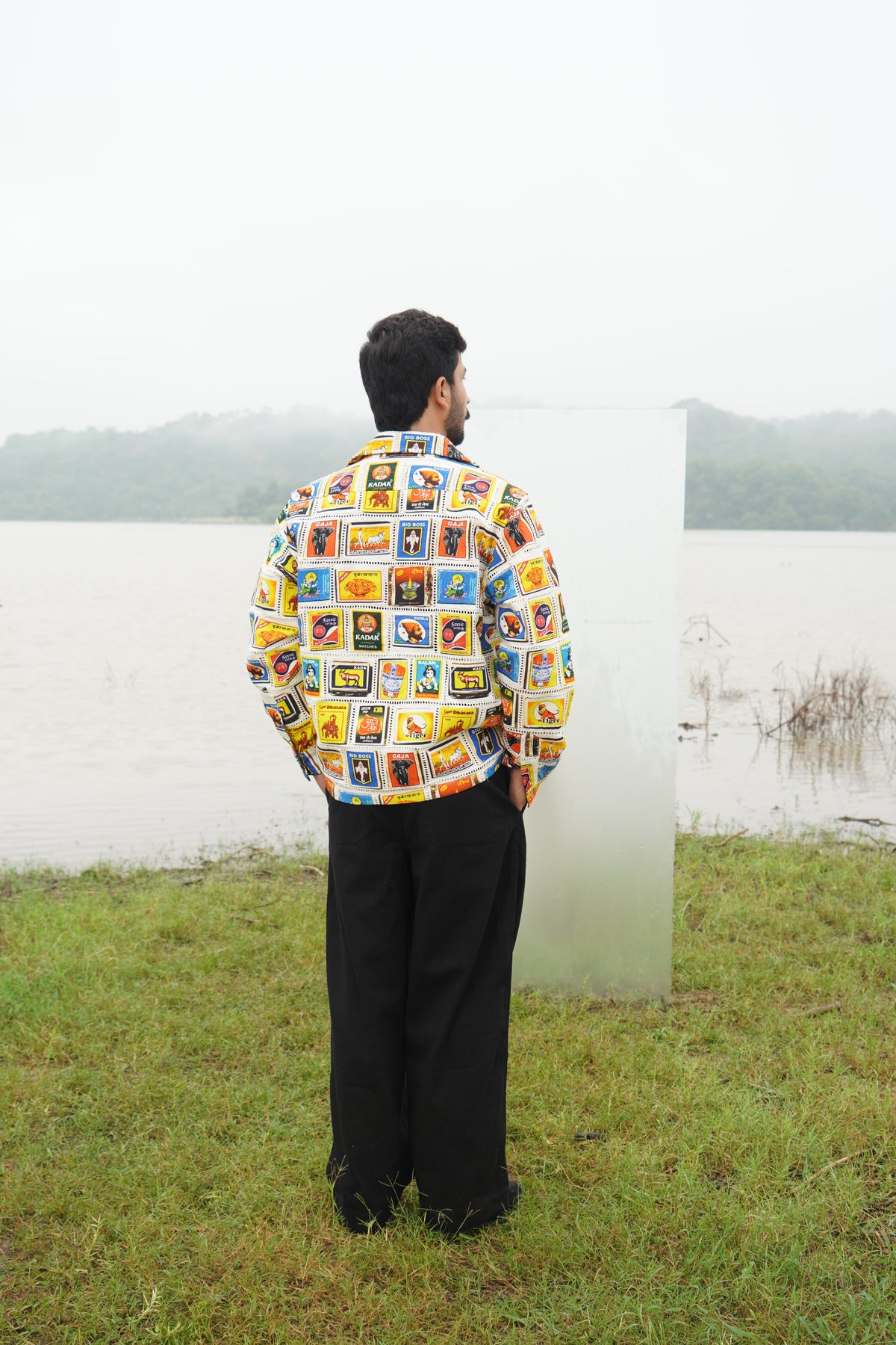 “Men’s colorful matchbox patchwork design collage cotton denim shacket” 