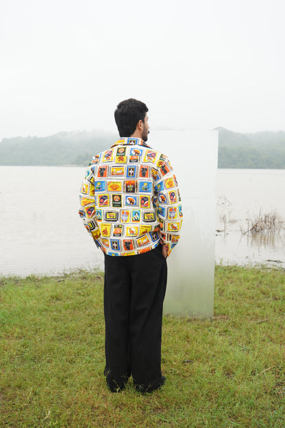 “Men’s colorful matchbox patchwork design collage cotton denim shacket” 