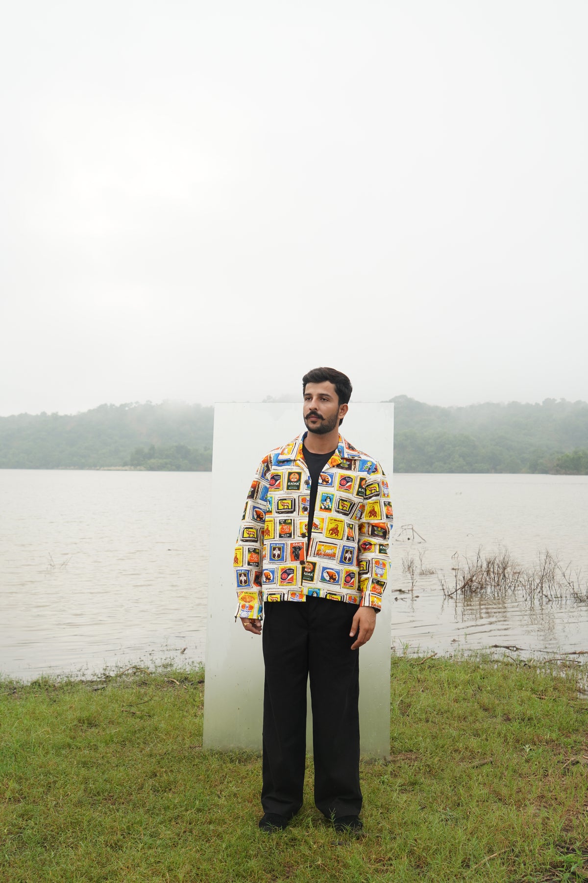 “Men’s colorful matchbox patchwork design collage cotton denim shacket” 
