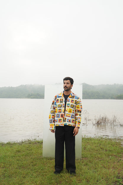 “Men’s colorful matchbox patchwork design collage cotton denim shacket” 