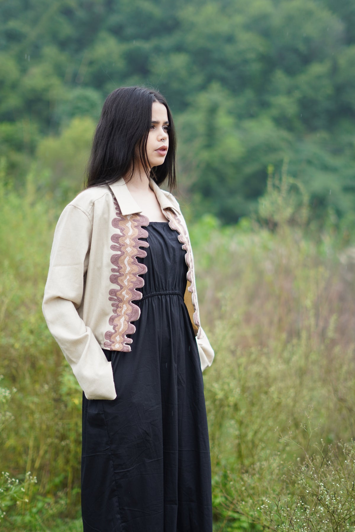 “Kara women’s coat in beige with cording embroidery and merino wool fabric” 