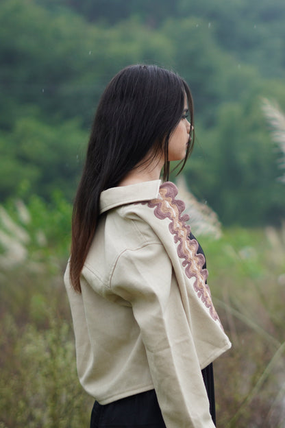 “Kara women’s coat in beige with cording embroidery and merino wool fabric” 