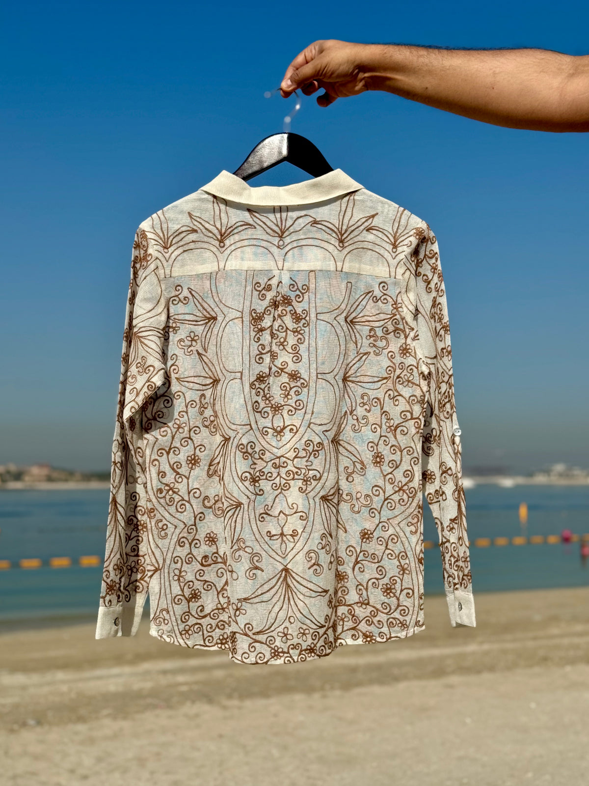 beige embroidered shirt, chain stitch cotton shirt, textured cotton shirt, premium embroidered shirt, handcrafted cotton shirt India