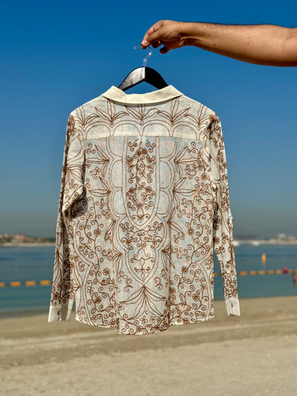 beige embroidered shirt, chain stitch cotton shirt, textured cotton shirt, premium embroidered shirt, handcrafted cotton shirt India