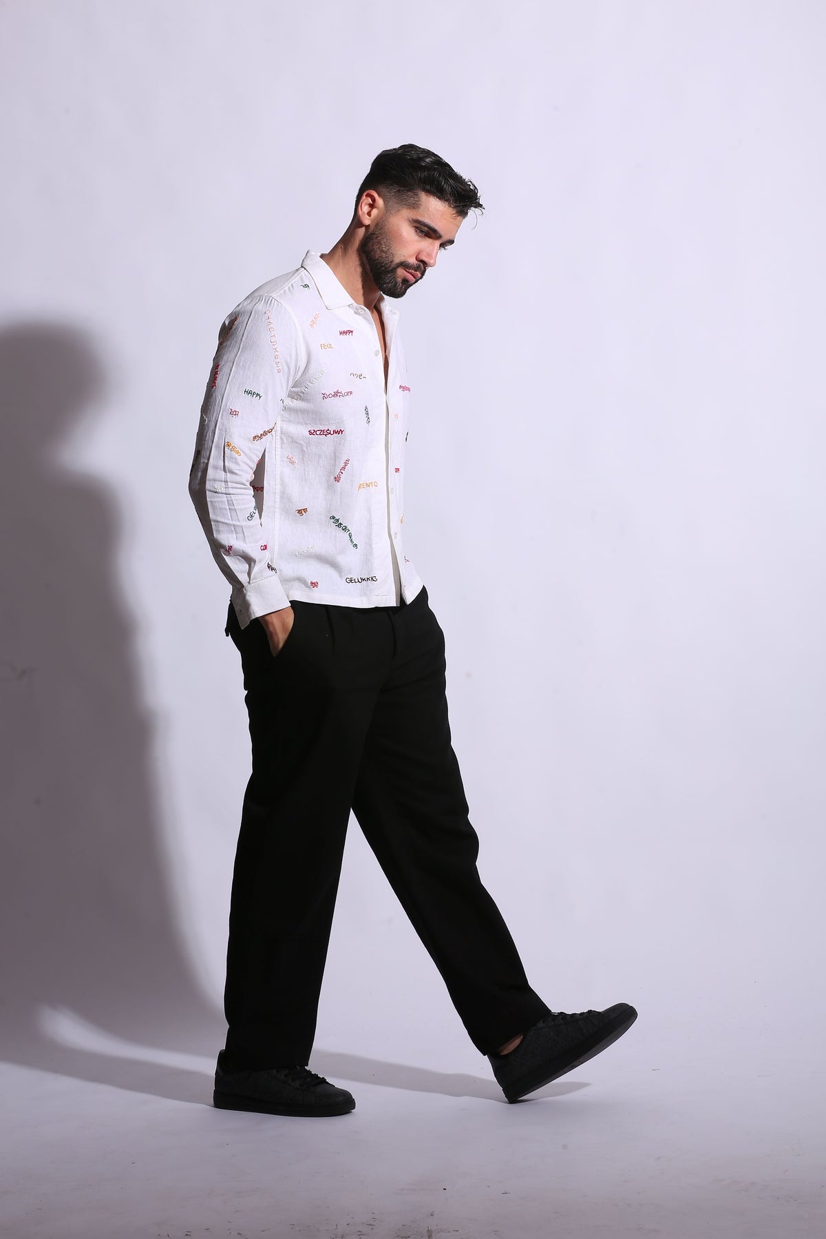 Global Joy white linen shirt with hand embroidery: