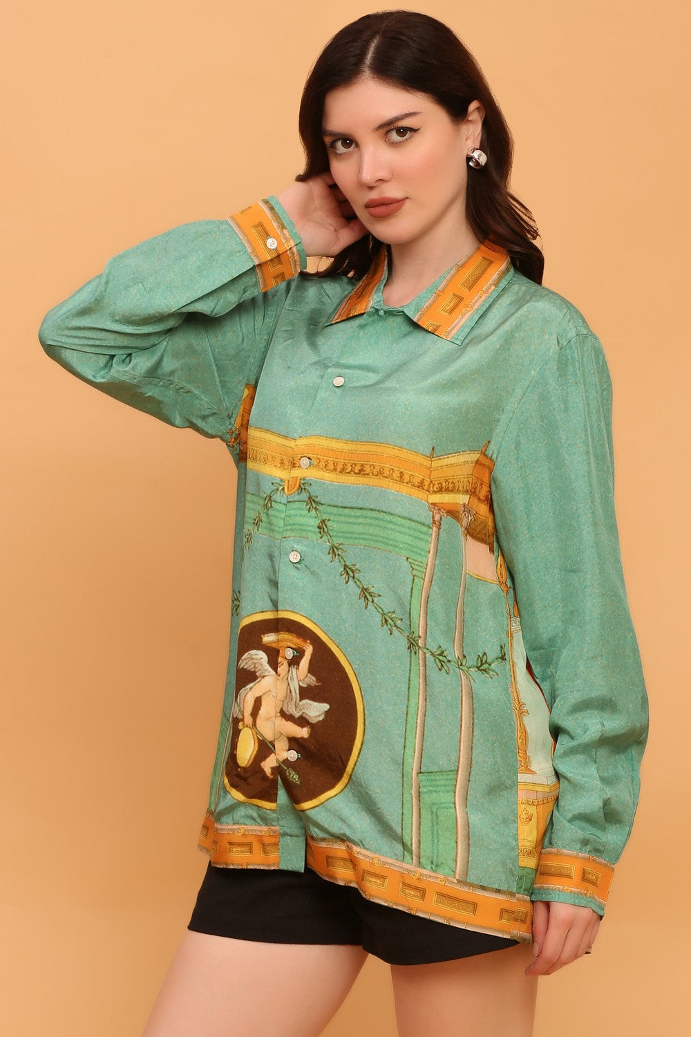 Main front: Shot of dark green delicate print silk shirt
