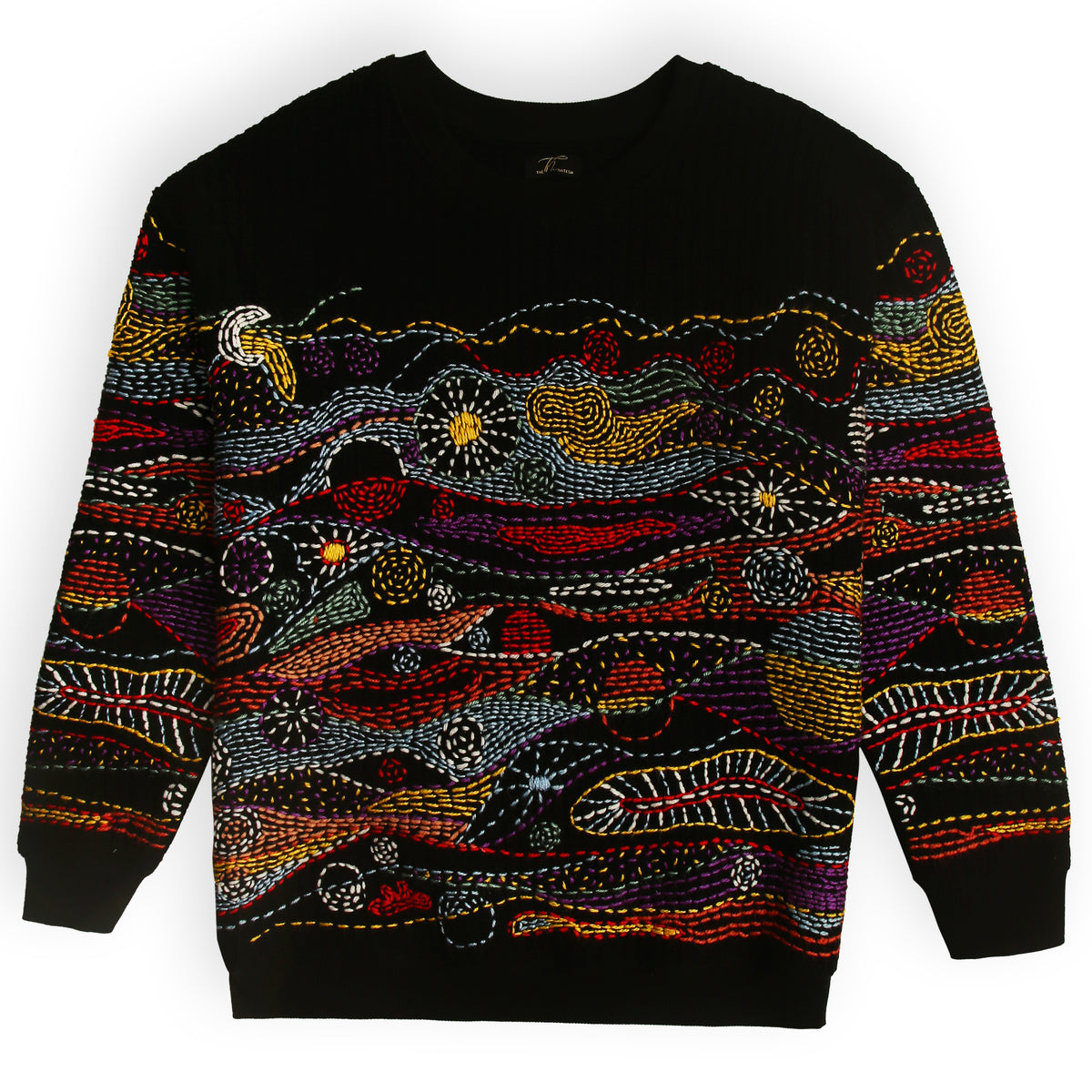 Black sweater with colorful abstract pattern on a white background