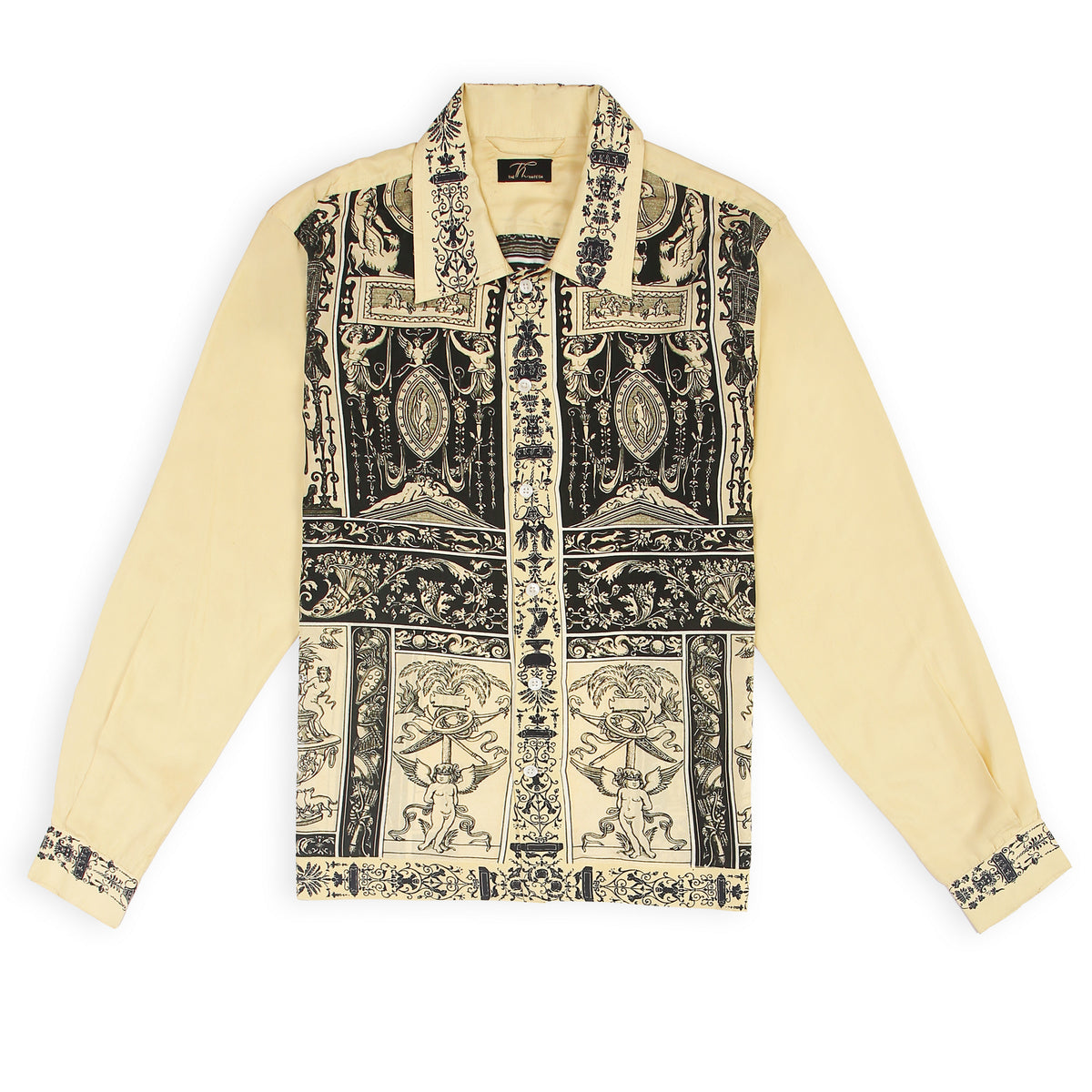 A long-sleeved yellow silk shirt with vintage retro print patterns.