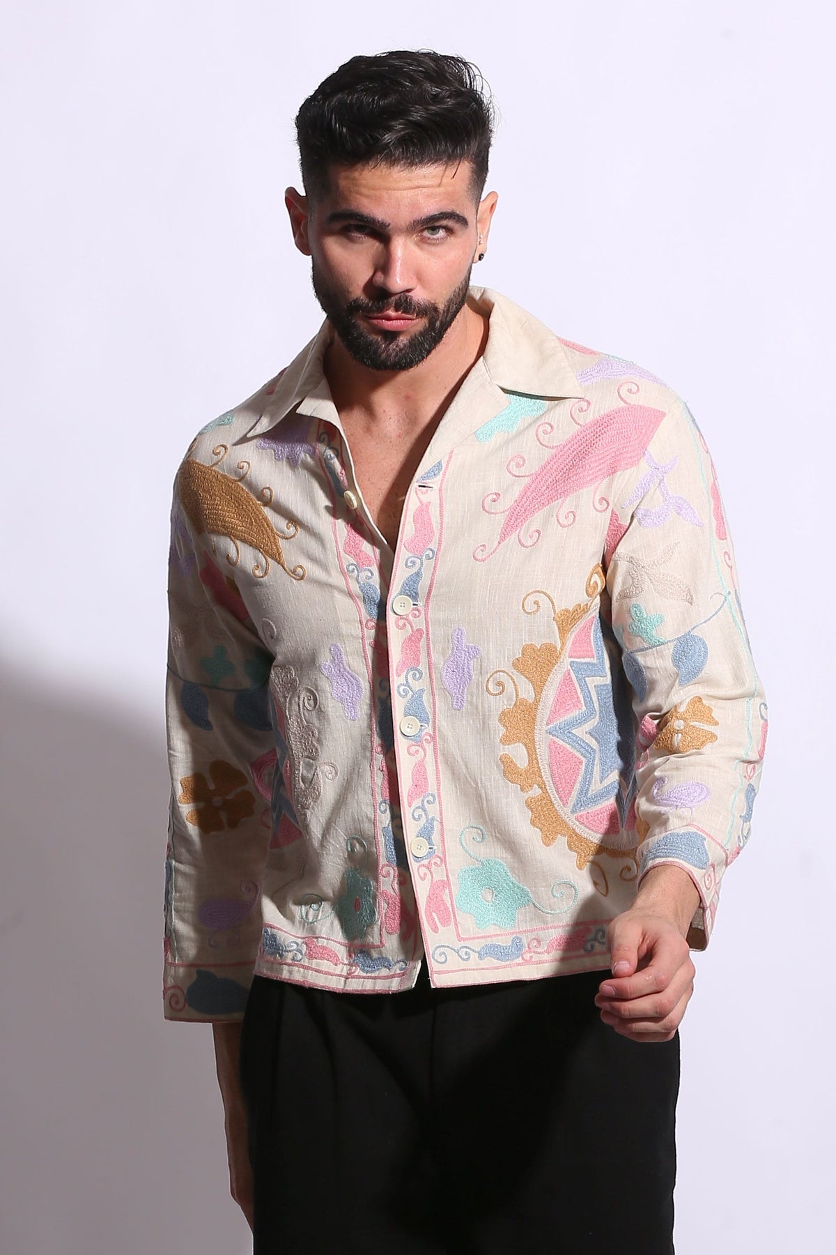 Main: Suzani Motif Embroidered Shirt in off-white, full view, chain-stitch embroidery 