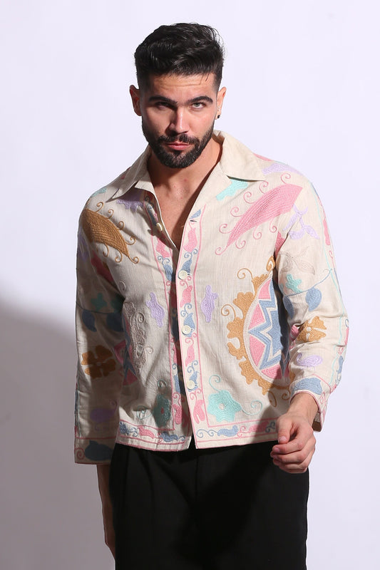 Main: Suzani Motif Embroidered Shirt in off-white, full view, chain-stitch embroidery 